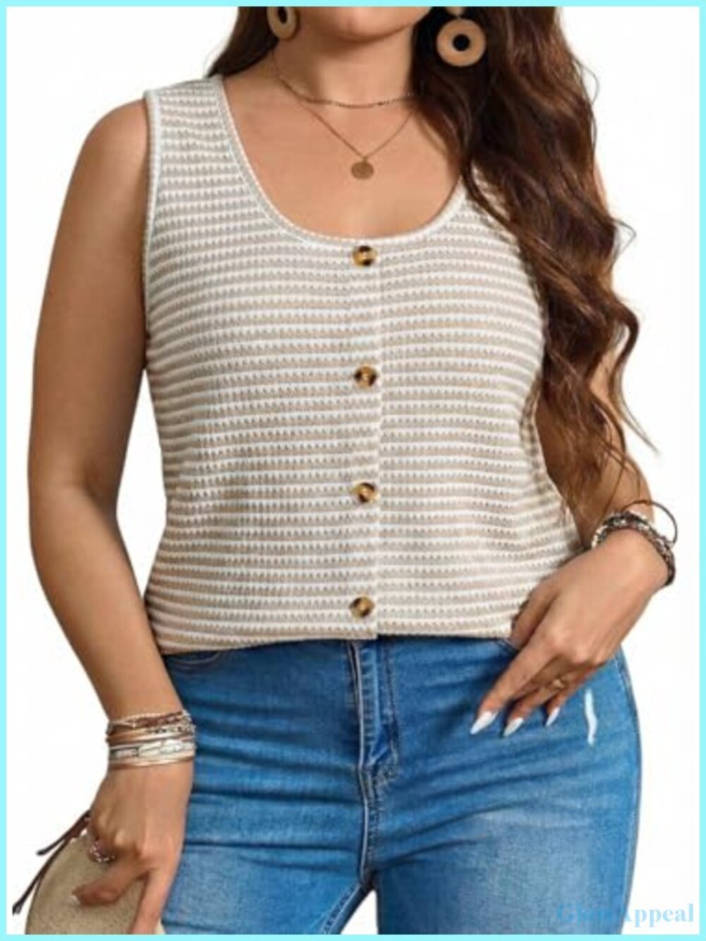 Plus Size Striped Knit Tank Top Sleeveless Lace V-Neck Summer